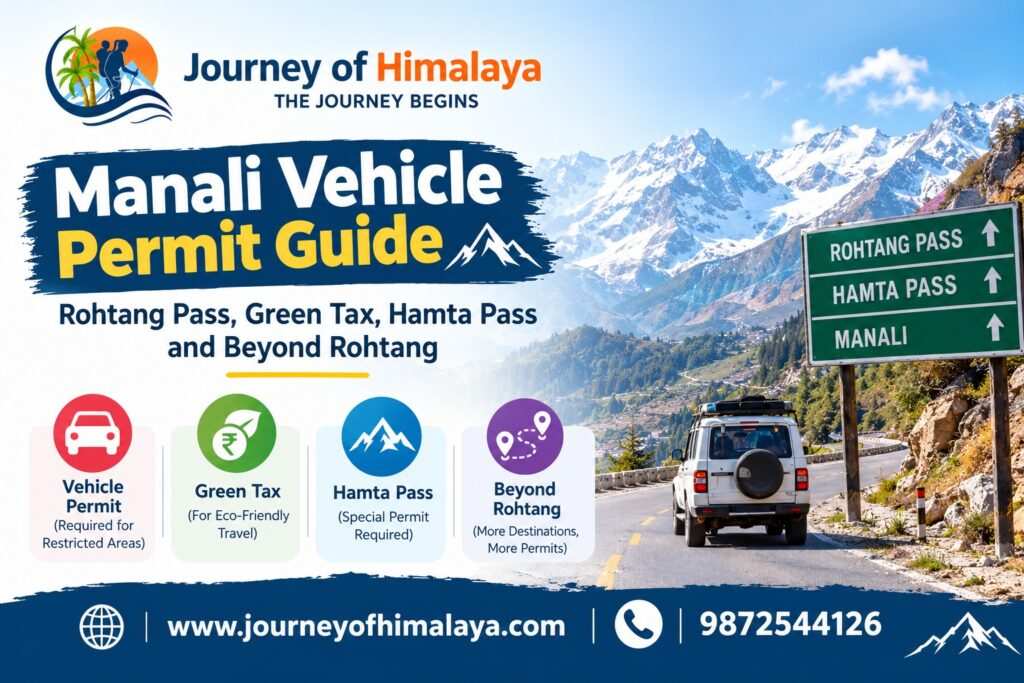 Manali vehicle permit guide cover showing a car on a mountain road and signs for Rohtang Pass and Hamta Pass.