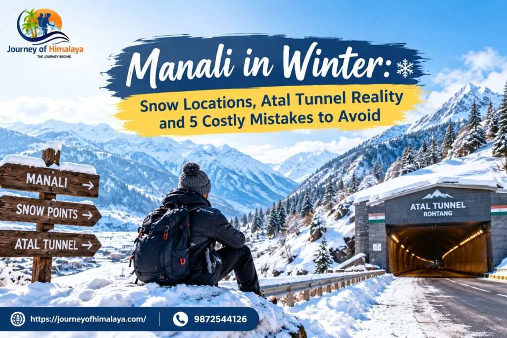 Manali in Winter guide cover with a traveller, snowy mountains and an illustration of Atal Tunnel.