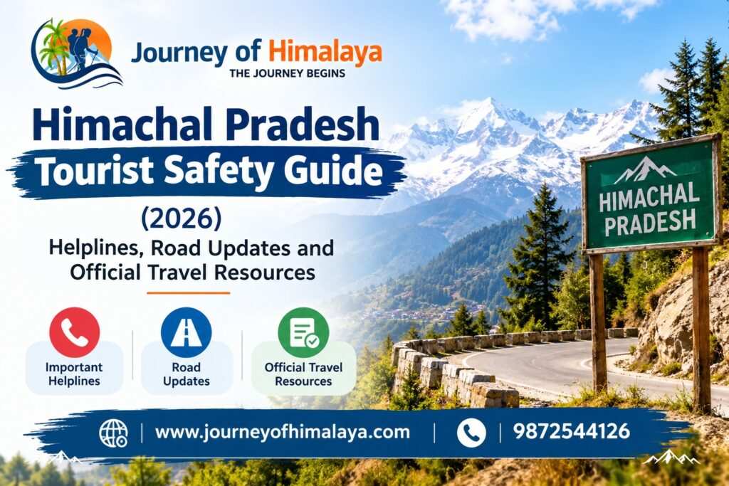 Himachal Pradesh tourist safety guide covers a mountain road and icons for helplines and travel resources.