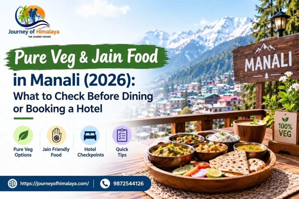 Pure Veg & Jain Food in Manali guide cover featuring a vegetarian thali and mountain scenery.