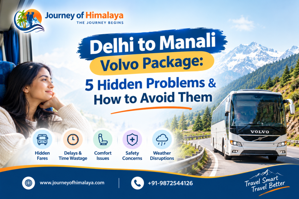 Delhi to Manali Volvo travel graphic showing a bus, passenger and five trip concerns